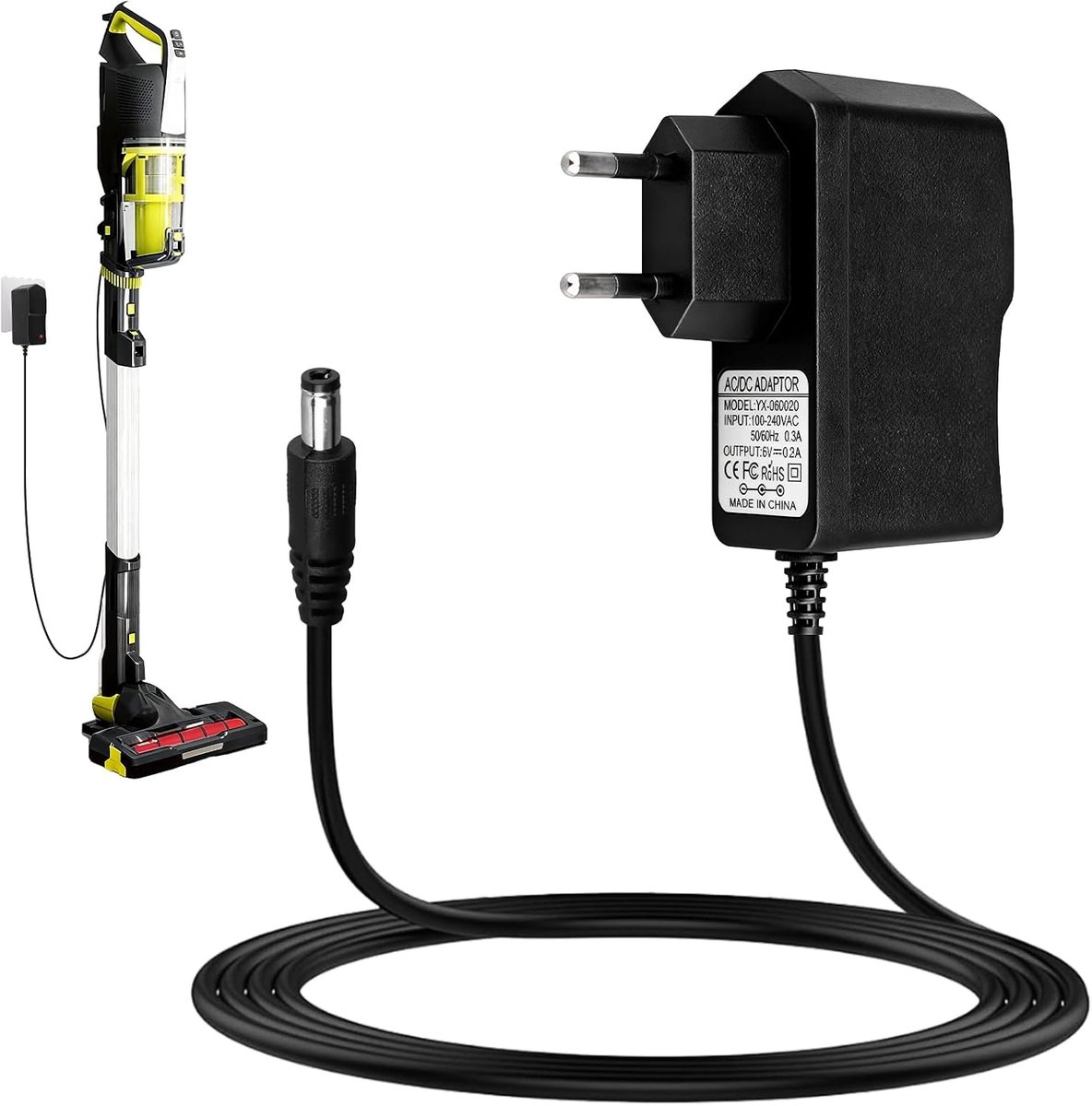 Stofzuiger 26 V 500 mA universeel voor Hoo ver H- 100 200 500 700 800, adapter voeding voor draadloze bezem, compatibel met HF122RH HF122GPT HF522NPW HF522SFP, kabel 1,8 m