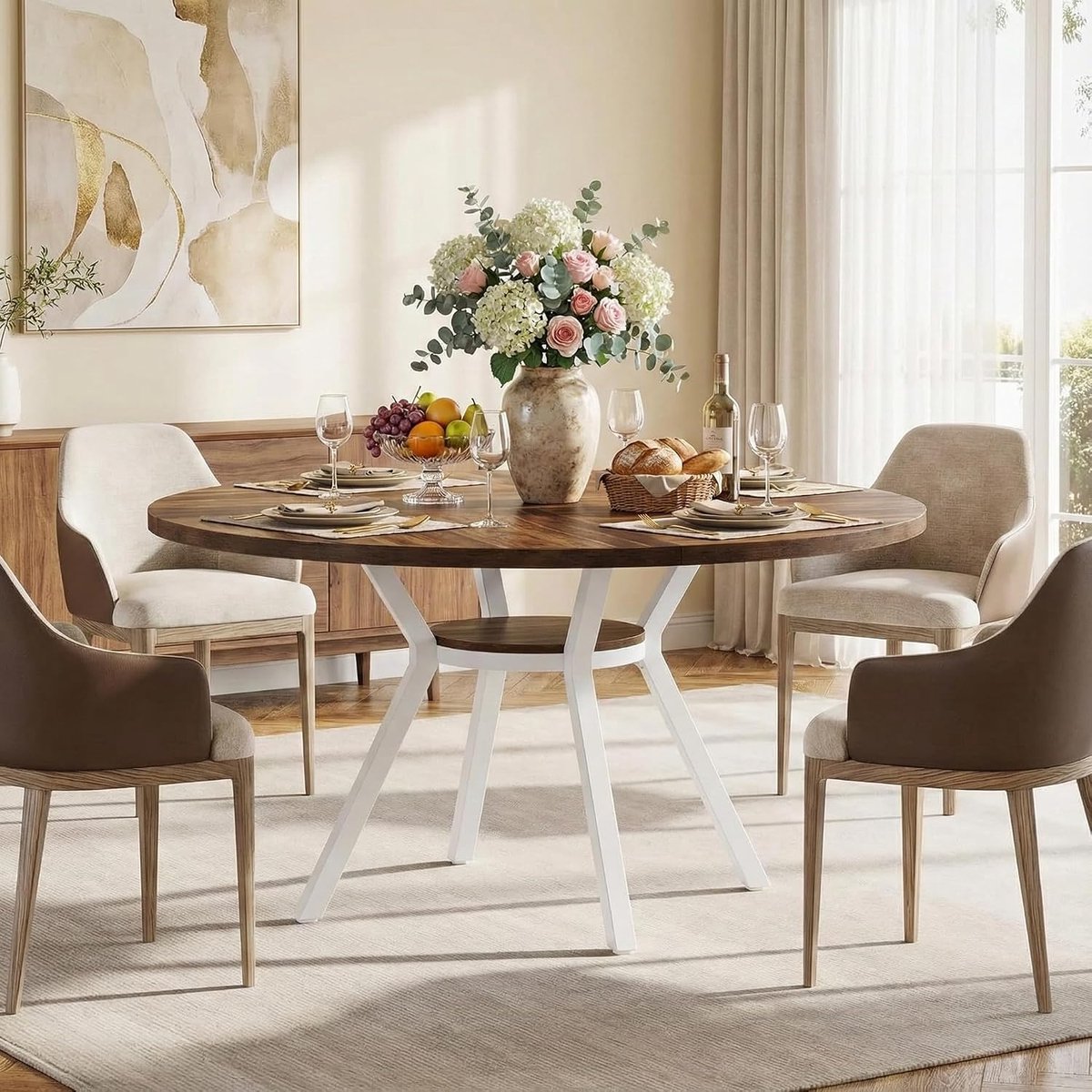 120cm Eettafel, Ronde Eetkamertafel, Dining Table With Storage, Houten Keuken & Eetkamer, Eetkamertafel 4 Personen, Moderne Witte Eettafel, 120 x 120 x 75 cm, White Brown