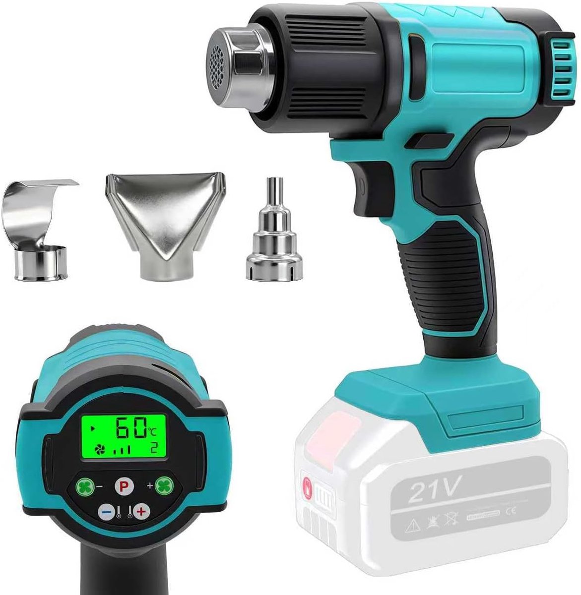 Heteluchtpistool met lcd-display, compatibel met 18 V (zonder batterij), heteluchtpistool met 4 snelheden met - ShopVlot