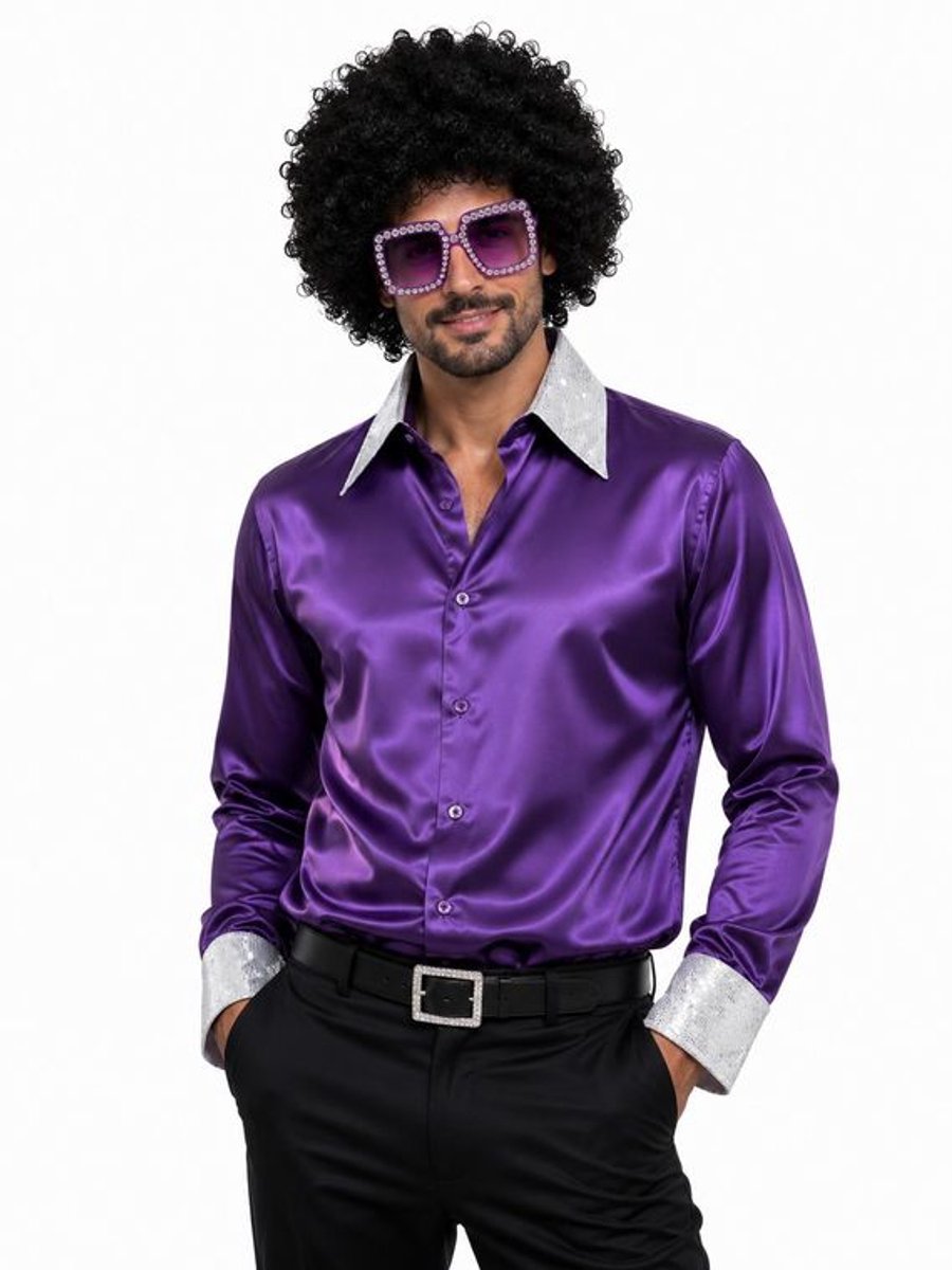 Luxe Disco Overhemd Heren Paars – Jaren 70 Kostuum – Satijnen Shirt met Zilveren Glitter Kraag en Manchetten - Maat xxl