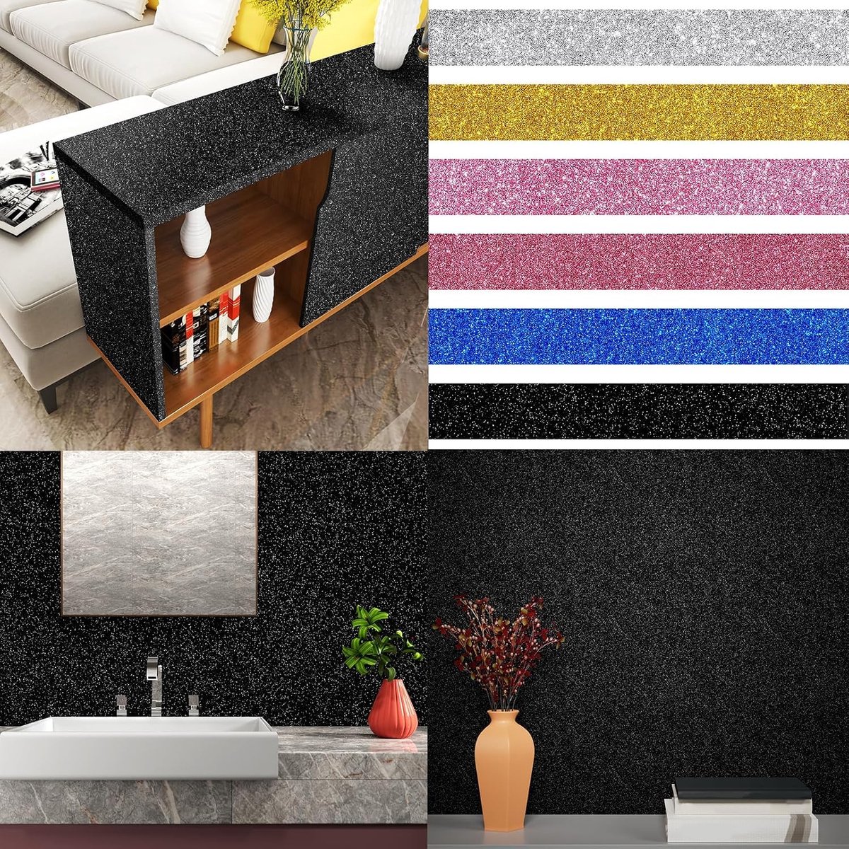 Stickyart Glitter Wallpaper Self-Adhesive Black 40 x 700 cm Furniture Film Kitchen Film for Furniture Walls Wallpaper - ShopVlot