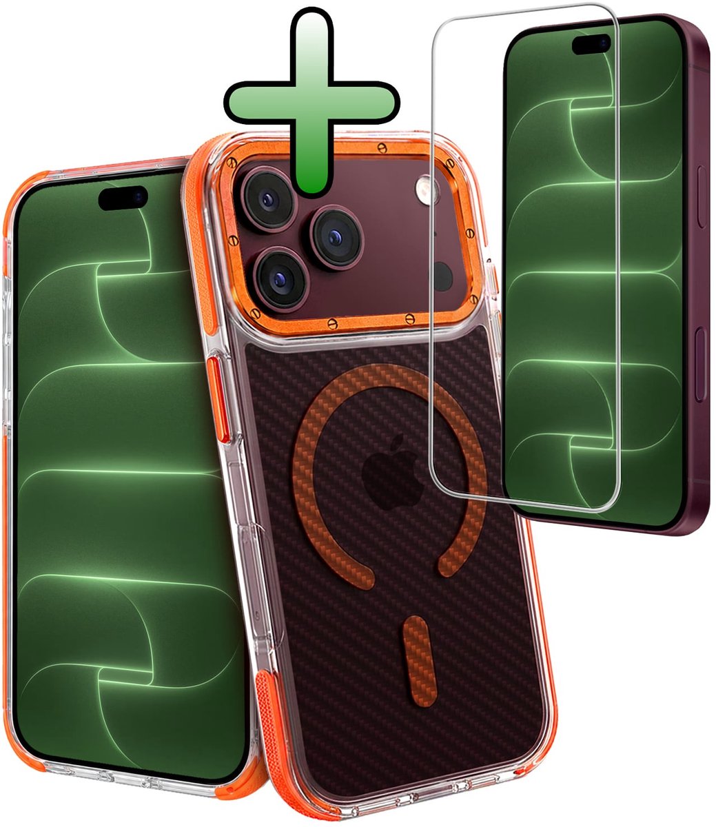 Hoesje Met Screenprotector - Geschikt voor Apple iPhone 18 Pro - Magsafe Compatible - Carbon Look - Sterk & Shockproof - Back Cover - Shock Proof Case - Telefoon Hoes - Oranje