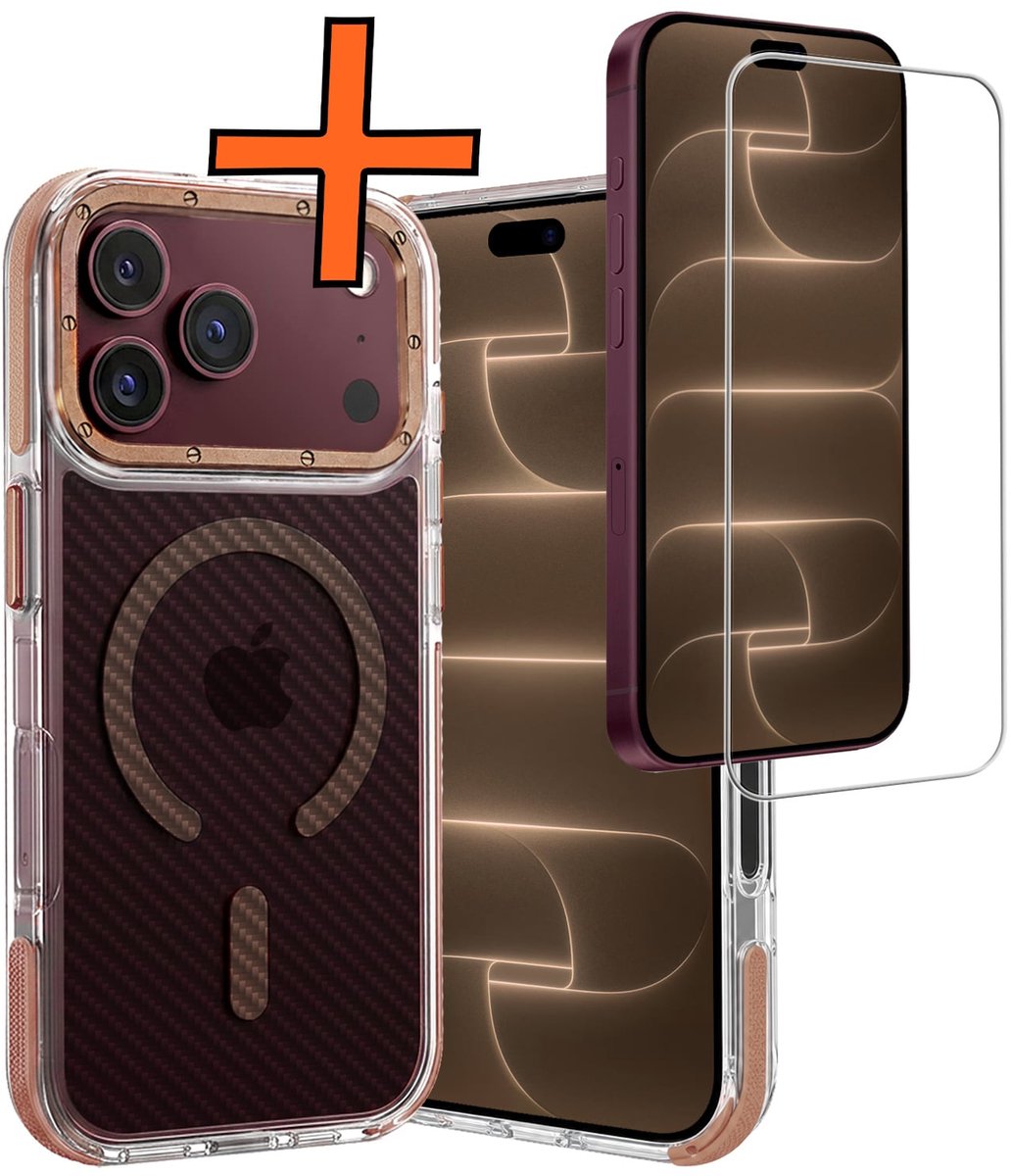 Hoes - Met Screenprotector - Geschikt voor Apple iPhone 18 Pro Max - Magsafe Compatible - Carbon Look - Sterk & Shockproof - Back Cover - Shock Proof Case - Telefoon Hoes - Bruin