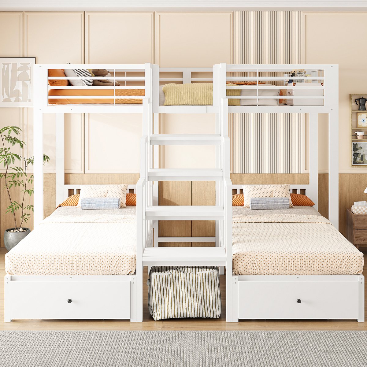DESMIU Stapelbed 90 x 200 cm – Drie Slaapplaatsen met Centrale Trap – 2 Bedlades – Voor Kinderkamer – Metaal en Hout – Zonder Matras – Wit
