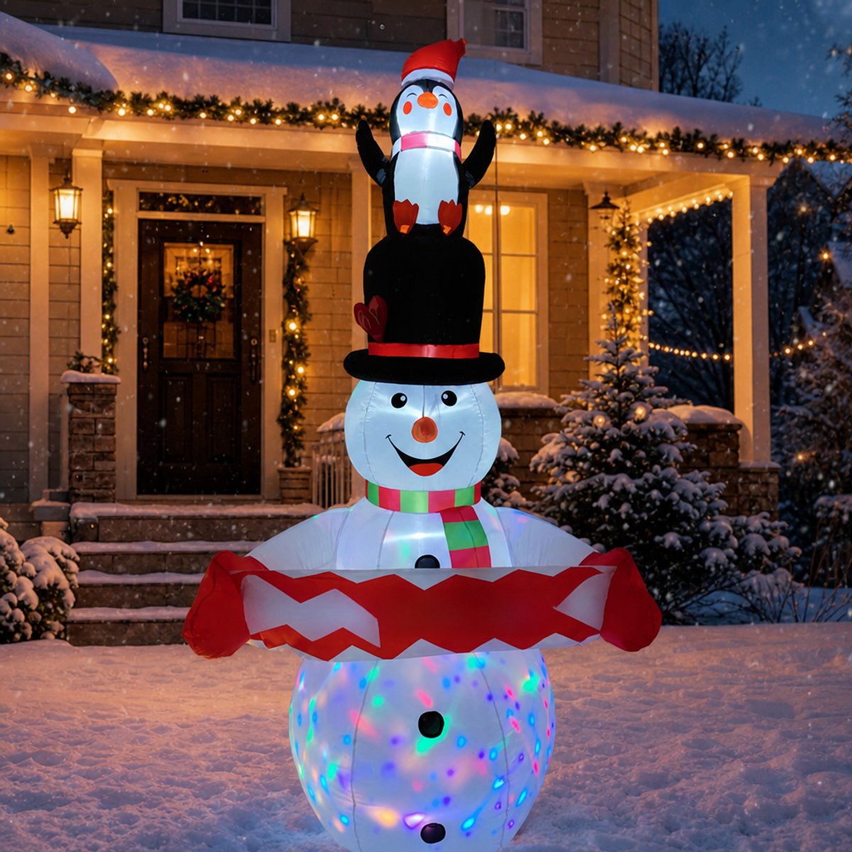 Opblaasbare sneeuwpop met pinguïn - 240 cm hoog - met gekleurde LED-verlichting - kerstdecoratie voor tuin & buiten - incl. grondpennen