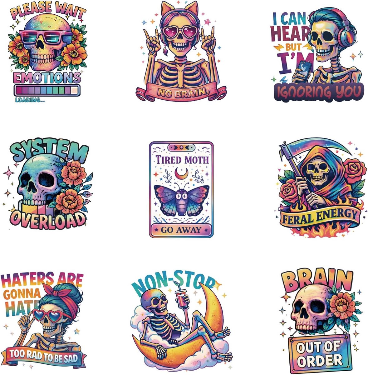 PLIGREAT 9 vellen grappige skeletopstrijkplaatjes voor T-shirts, DTF-transferstickers, DTF-transfers, klaar om op te - ShopVlot