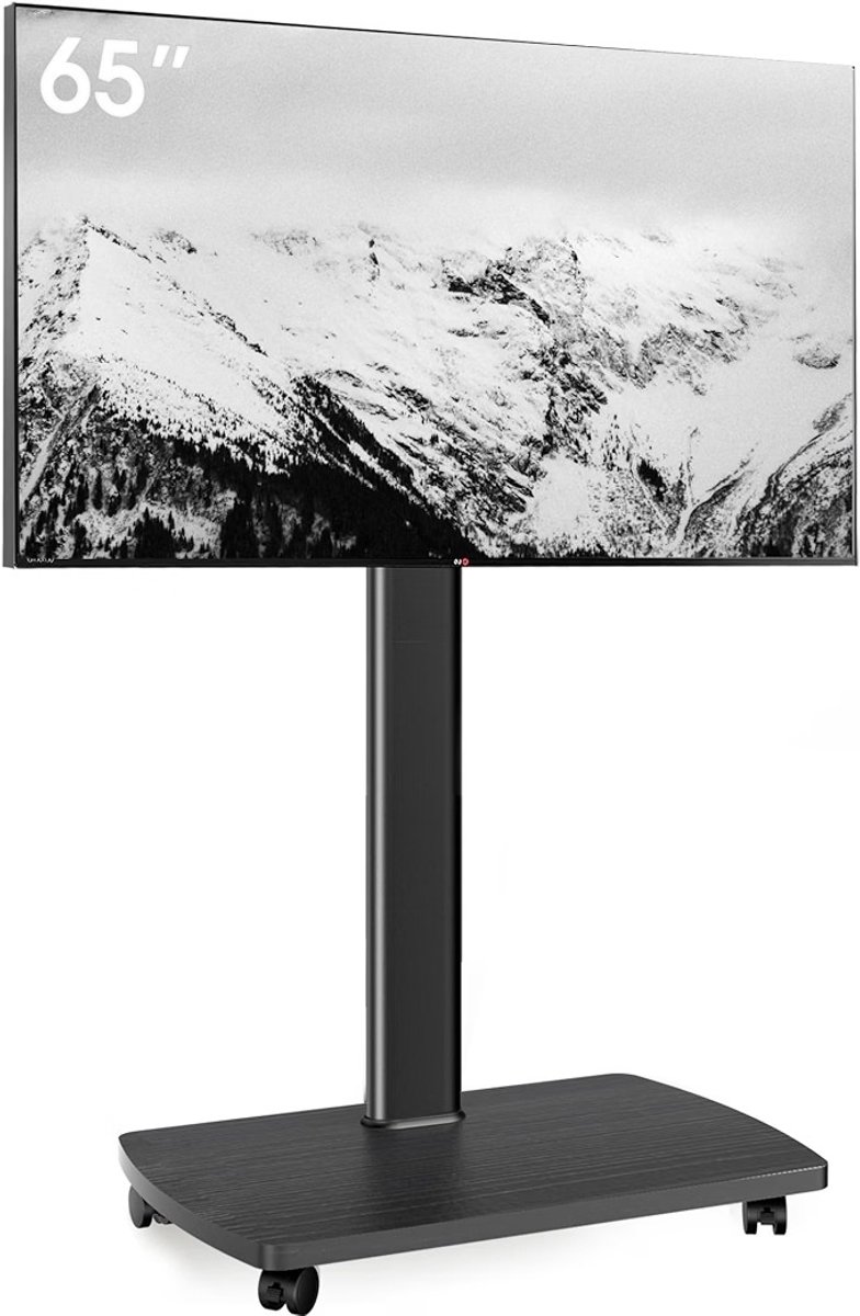 Verrijdbare TV Standaard 32-65 Inch – In Hoogte Verstelbaar & Draaibaar – TV Vloerstandaard met Wielen en Houten Plank – Max. 40 kg – VESA 400x400 – Zwart