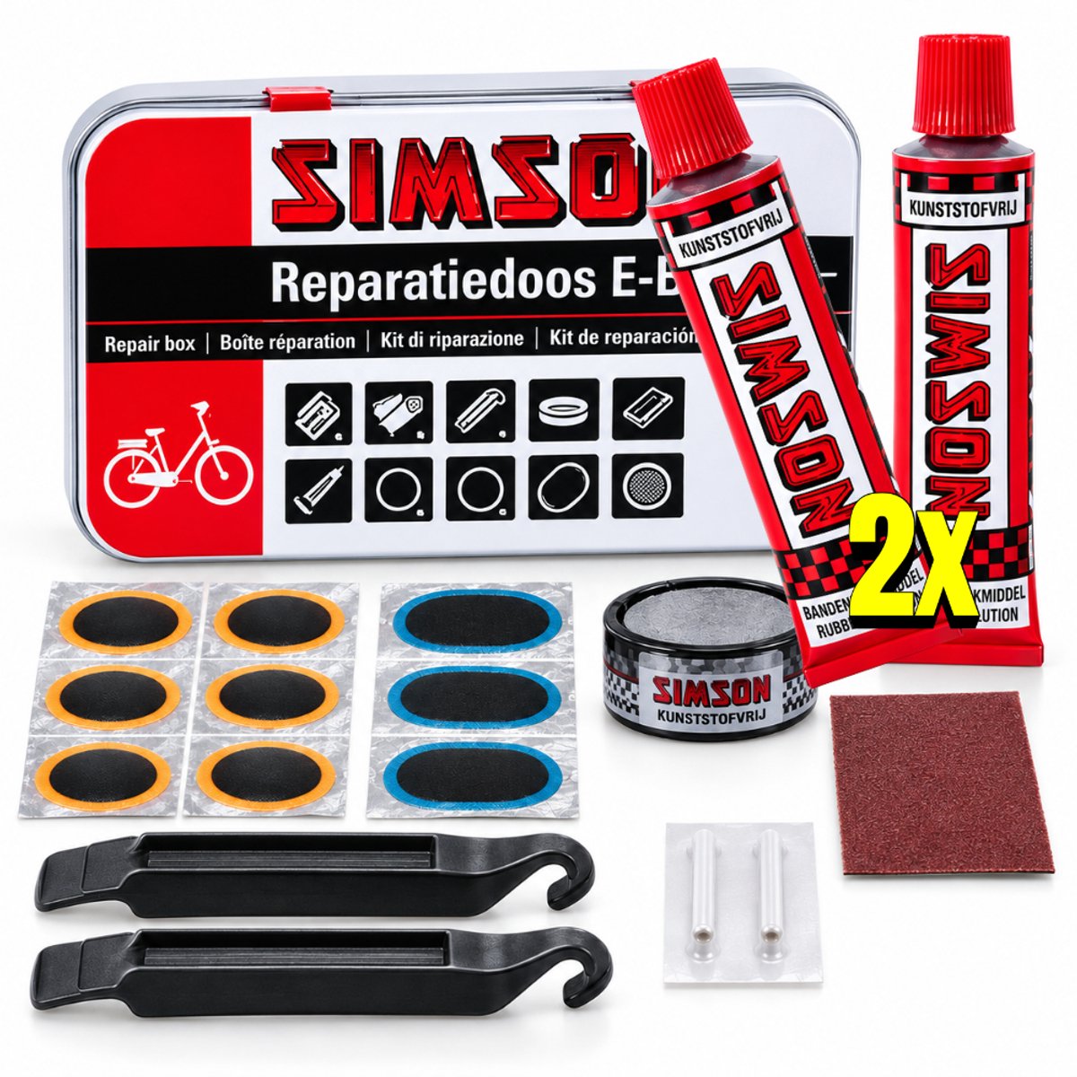 Bandenreparatieset - Extra tube lijm - Simson E-bike Reparatiedoos – Fietsband Lekzoeker – Inclusief Handschoenen & Bandenlichters