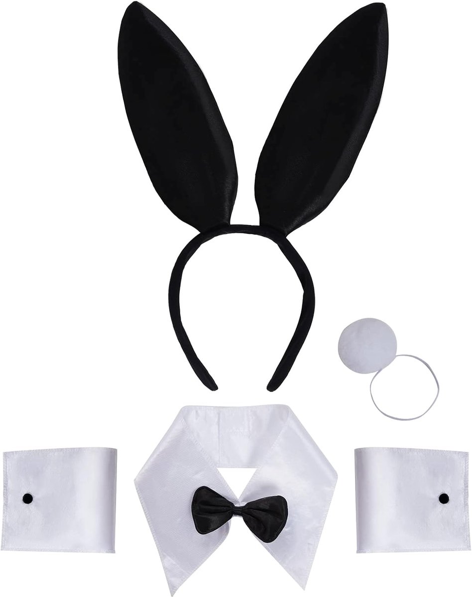 baotongle Bunny Costume Set Hare Ears Headband Collar Bow Tie Costume Headband Bow Tie Cuffs Tail for Cosplay Party - ShopVlot