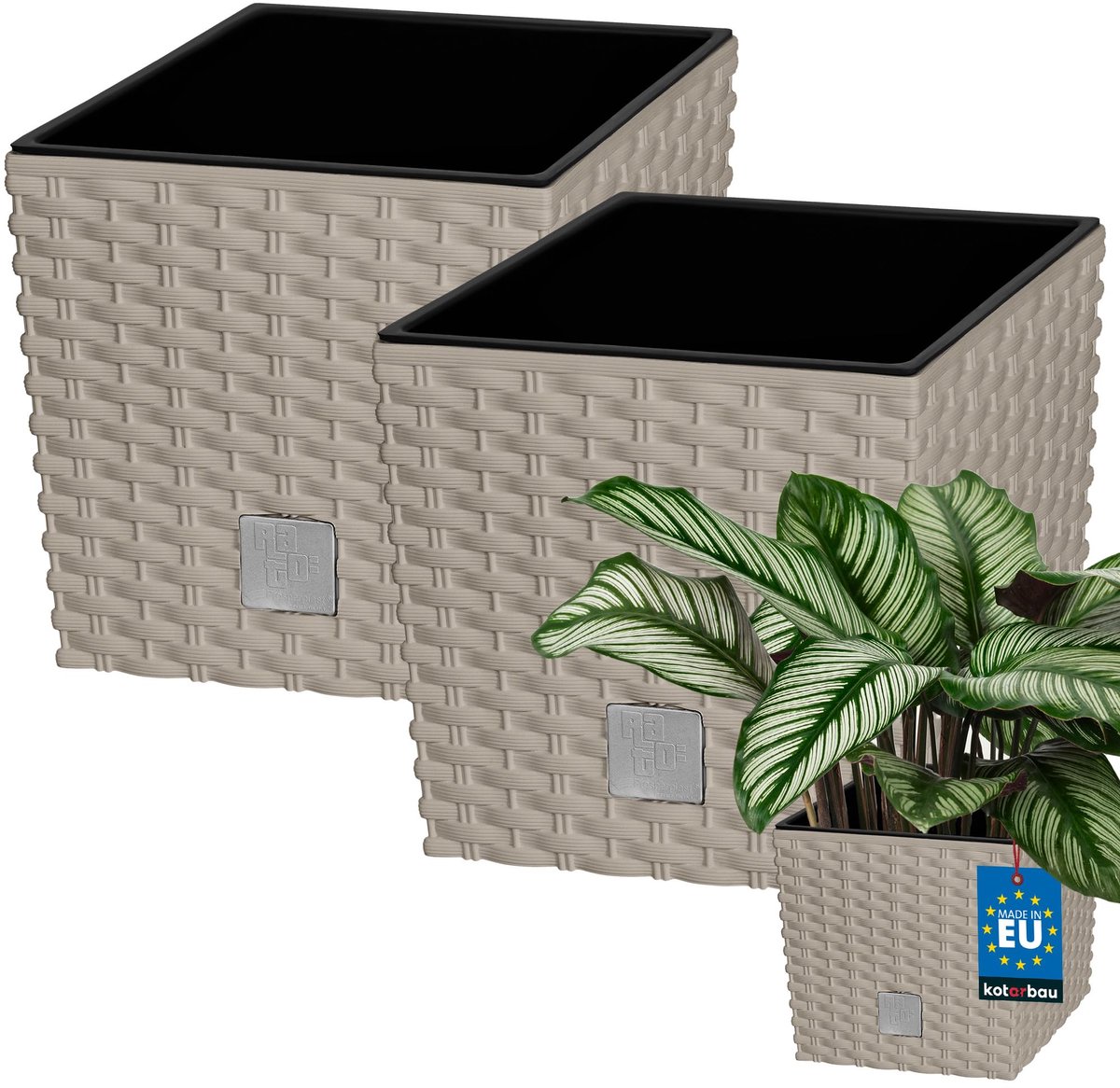 KOTARBAU® Vierkante Bloempot met Inzetpot - Vierkante Plantenbak 22x22 cm 2 Stuks - Plantenpot 9,8 L - Plantenbak - Kunststof - Rotanlook - Mokka