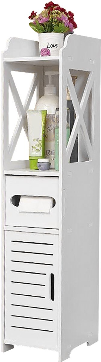 PIPIPOXER- Badkamerkast-Hoekkast met 1 kast , 1 kartonnen doos en 2 planken-ruimtebesparend badkamerrek voor badkamer，woonkamer, keuken, 20 x 15 x 80 cm-Wit