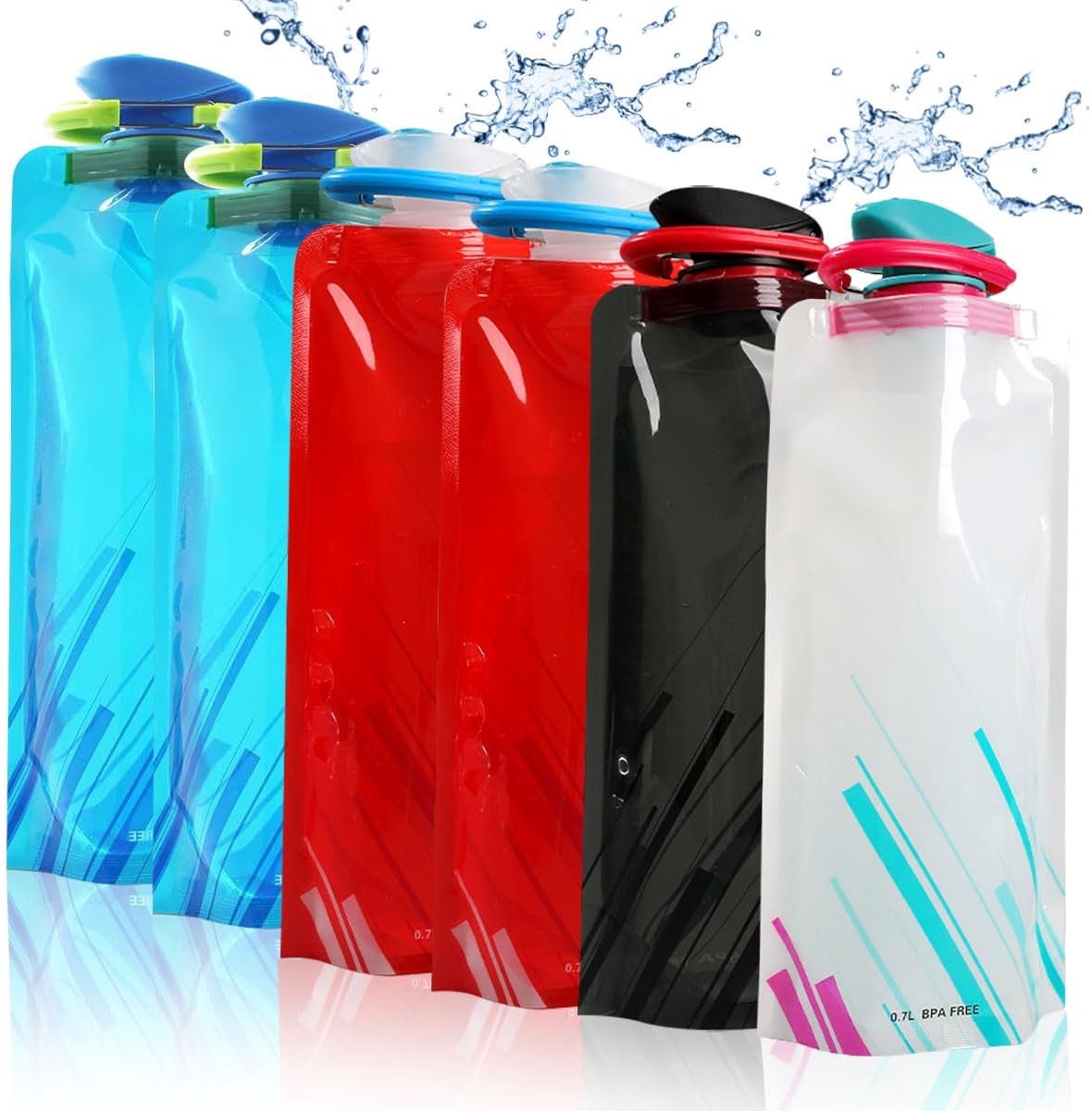 Waterflessenset, 6 stuks opvouwbare drinkfles 700 ml, flexibele herbruikbare waterfles, herbruikbare drinkfles met schroefsluiting voor wandelen, avontuur, reizen
