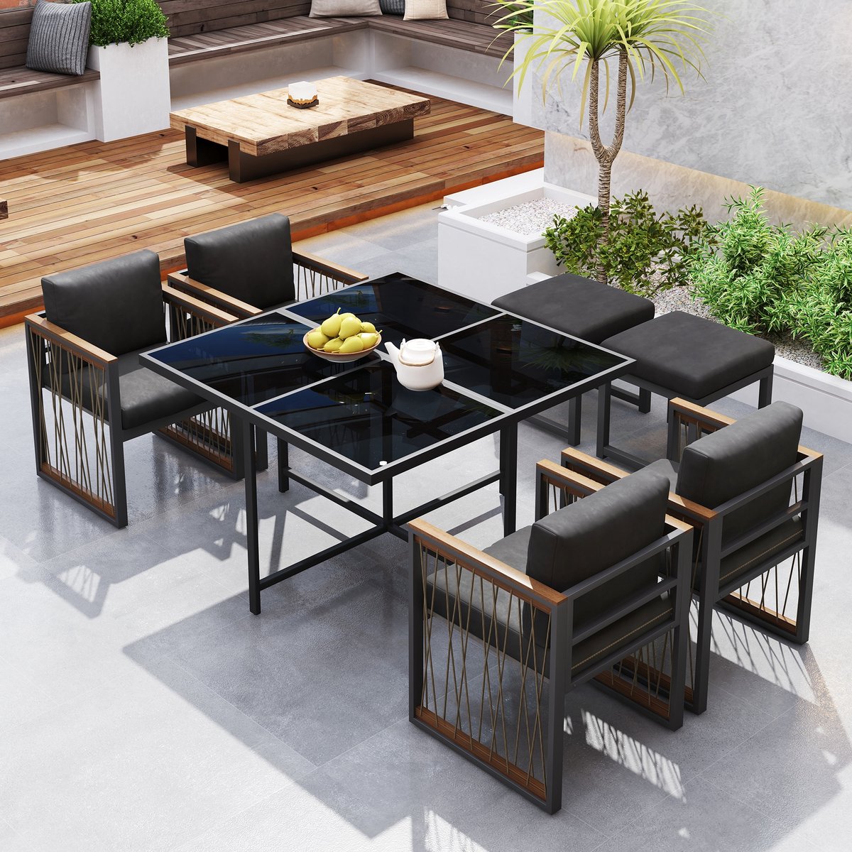 Sweiko Tuinset - Dining loungeset - 6 zitplaatsen - Eettafel van gehard glas - Acaciahouten armstoelen - Zwart + Grijs