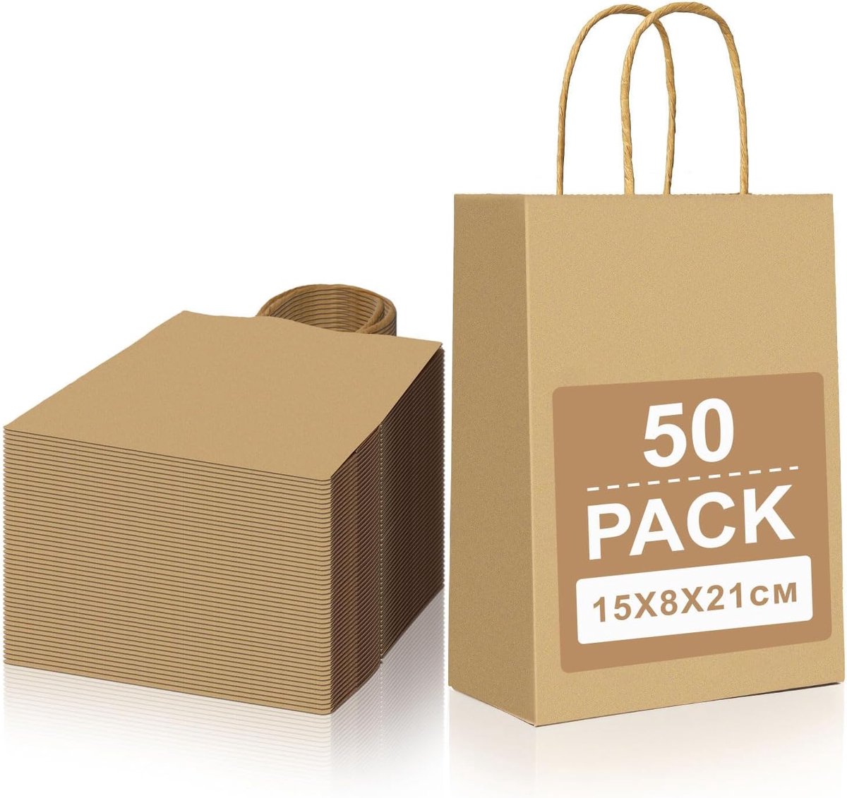 50 stuks kleine papieren zakken met handvat, bruin, kraftpapieren zakjes, 15 x 8 x 21 cm, papieren draagtas, cadeautassen voor het verpakken, winkelen, verjaardag, feesten, bruiloft, Kerstmis