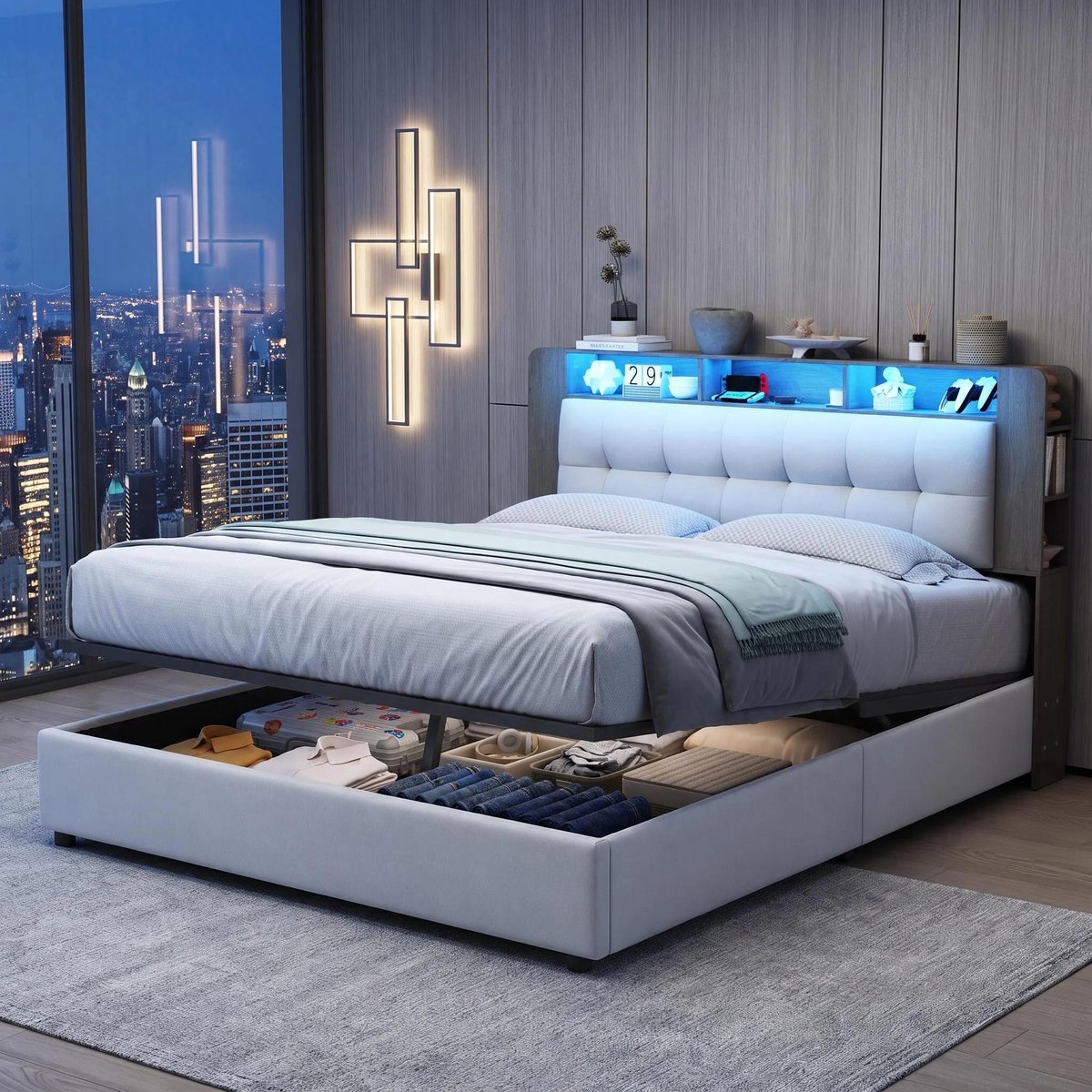 MEXUS Gestoffeerd Bed 160x200 cm met LED-verlichting en draadloos oplaadstation - Tweepersoonsbed met Opbergruimte en lattenbodem - Opbergbed - Jongerenbed - Fluweel Beige - Zonder Matras