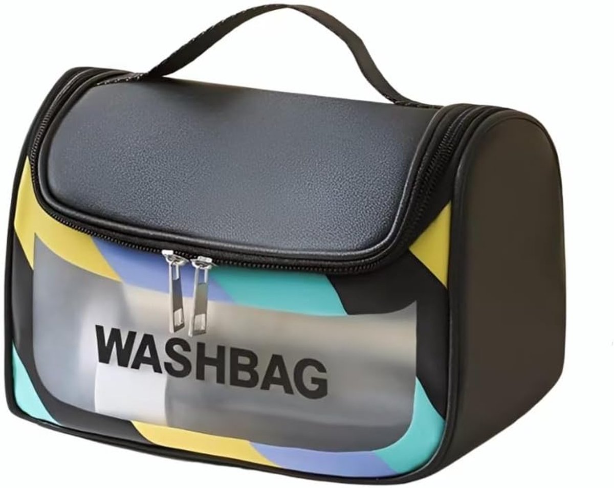 Make-uptas, toilettas, transparant en waterdicht, modern design, ideaal voor cosmetica en reisaccessoires (zwart), Zwart, ontspanning