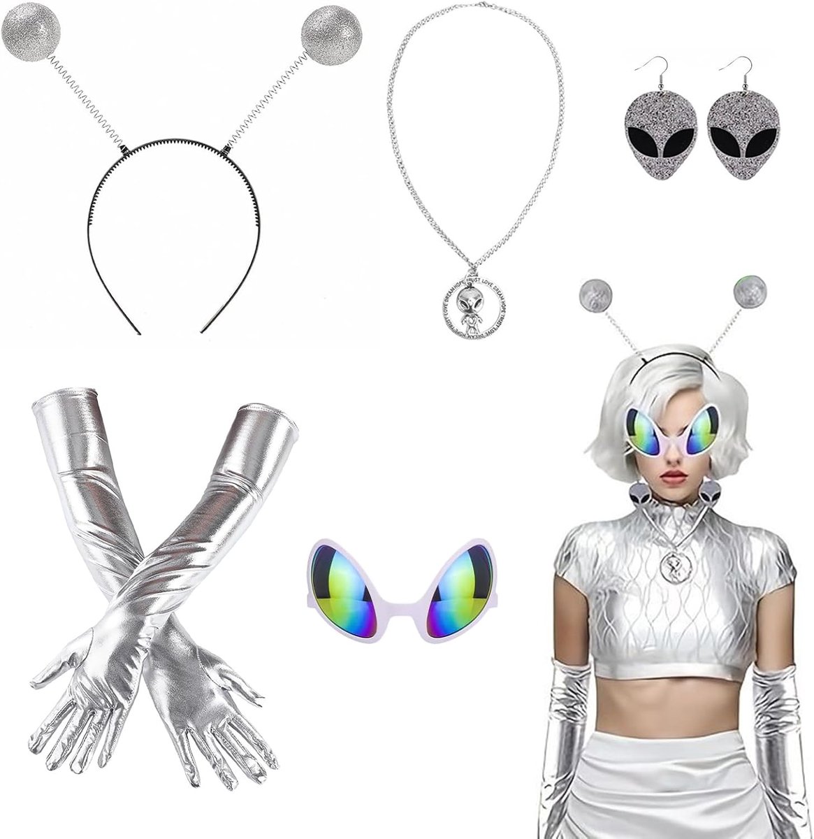 5 stuks ruimtekostuum voor dames, haarband, bril, handschoenen, oorbellen, ketting, ruimtekostuum voor volwassenen, glitter buitenaards kostuum voor Halloween, cosplay, maskerade