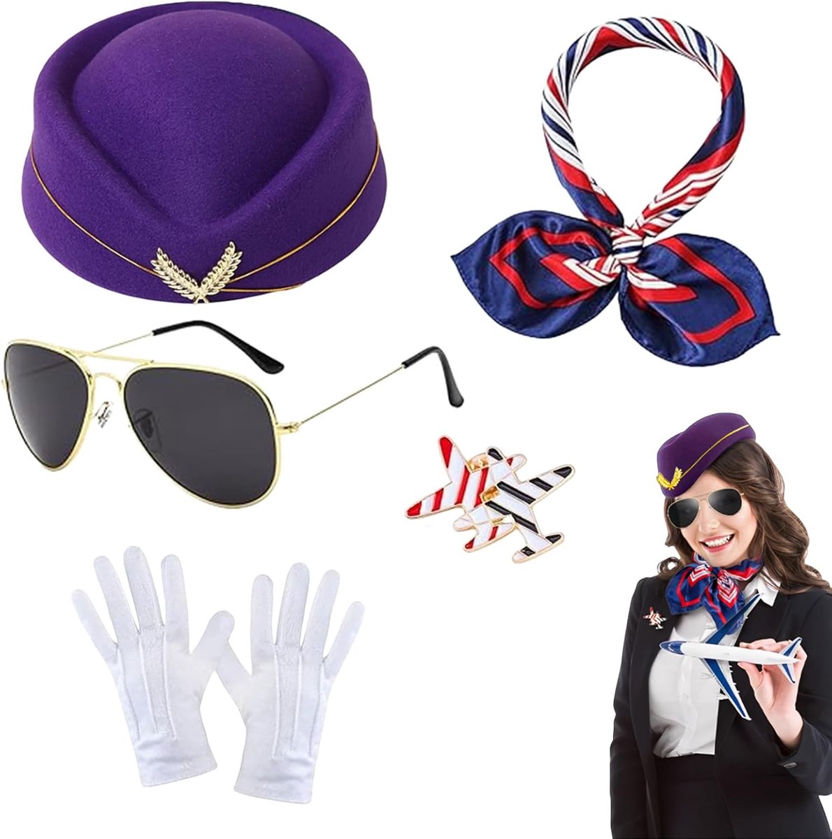 Set van 5 accessoires voor vliegtuigvliegtuig, stewardess jurk met sjaals, stewardess hoed, handschoenen, zonnebril, broche, carnaval, verkleedkleding, cosplay outfit