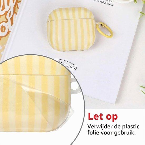 Compatibel met AirPods 4 hoes met reinigingsset, schattig gestreept patroon, esthetisch design, stootvaste en krasbestendige TPU-beschermhoes met sleutelhanger, voor vrouwen en meisjes, geel — afbeelding 3