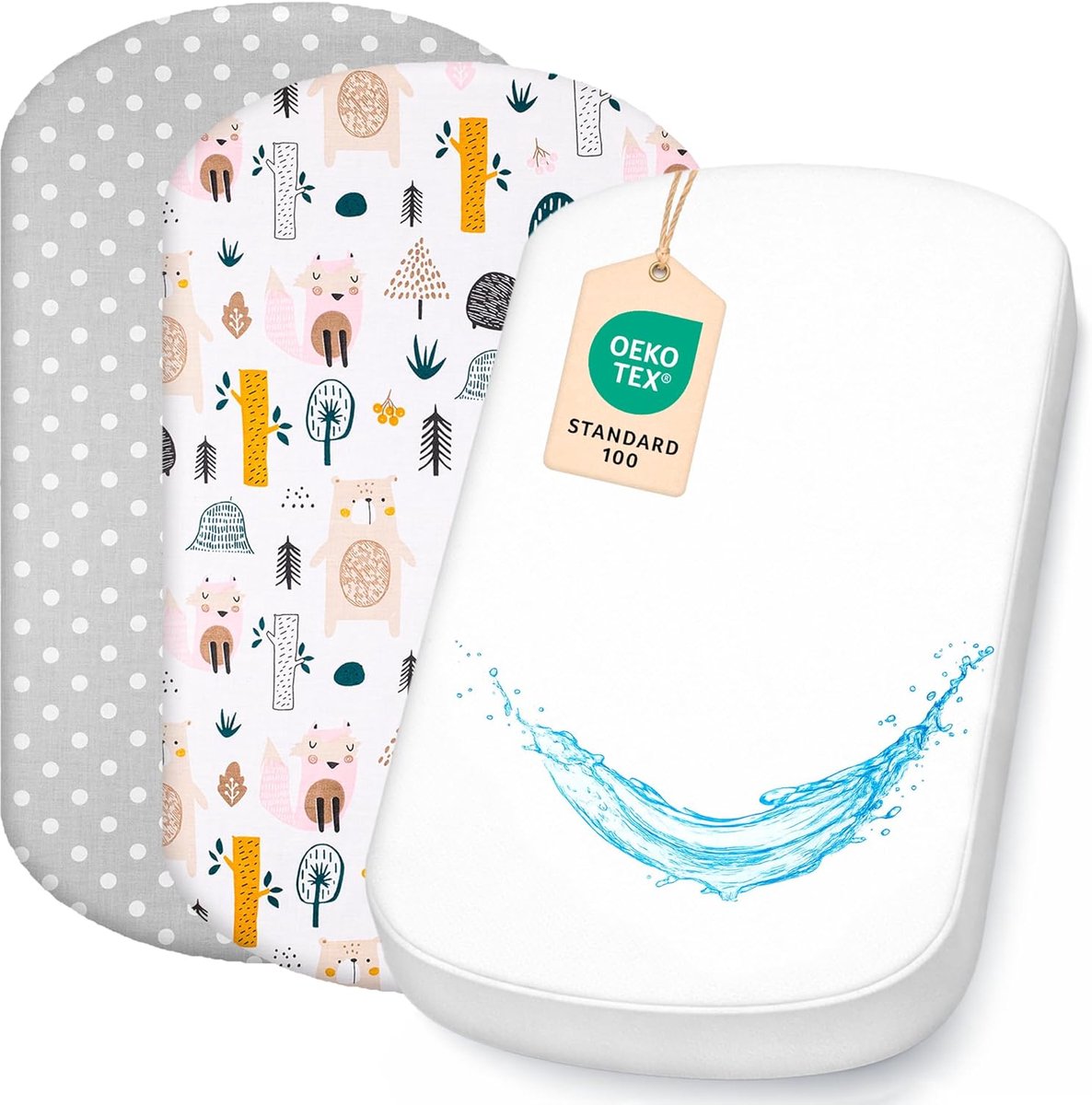 2 x hoeslakens 100% katoen + 1 x matrasbeschermer 100% waterdicht materiaal - Set 3X - Compatibel met Chicco, Kinderkraft (Bosdieren, 43 x 83 cm)
