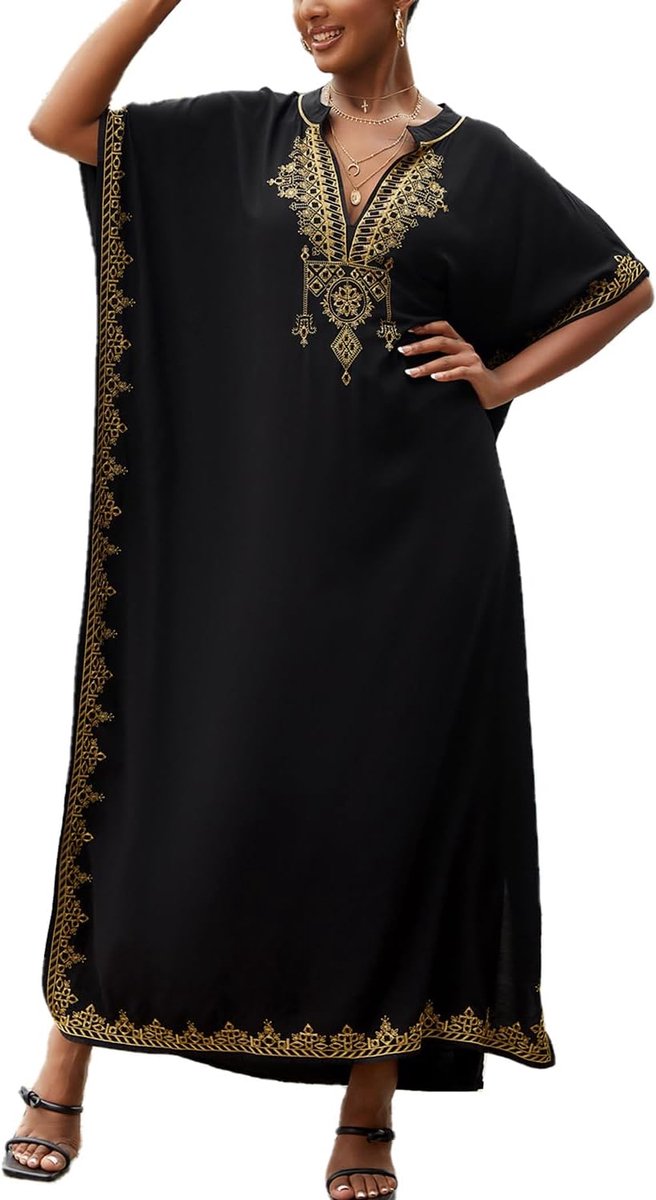Kaftan voor dames met bloemenprint, lange jurk, strandjurk, pareo, cover-ups, eenheidsmaat, Zwart borduurwerk, Eén maat