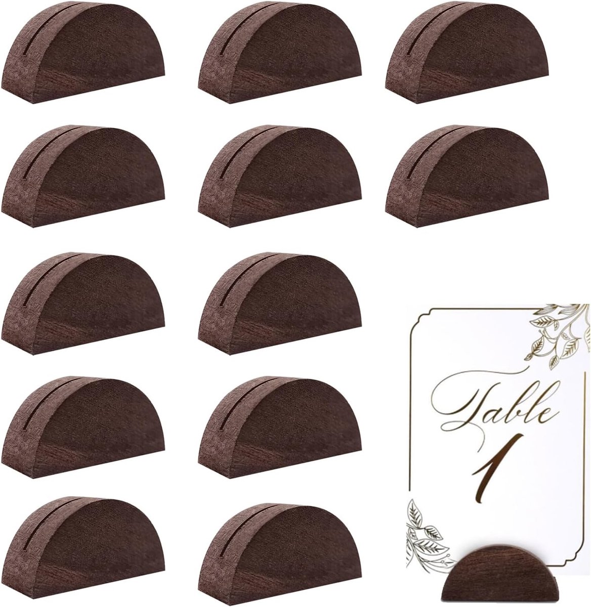 Hout 12 stuks – halfrond ontwerp tafeldecoratie – 4x2 cm kaartstandaard bruin – tafelkaart houder voor bruiloft, diner, feest