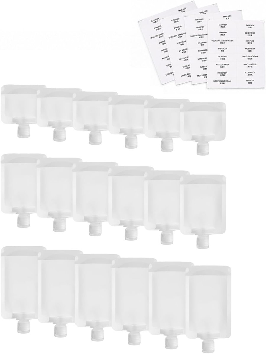 18-delige set reiscontainers, 30 ml, 50 ml, 100 ml, herbruikbaar en waterdicht, met 4 etiketten voor shampoo, lotion, handbagage, vliegtuig