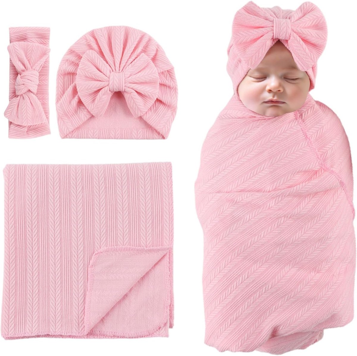 Inbakerdoek voor baby's, pasgeborenen, meisjes, inbakerdeken, met hoed, hoofdband, slaapzak, baby, geboorte (roze)
