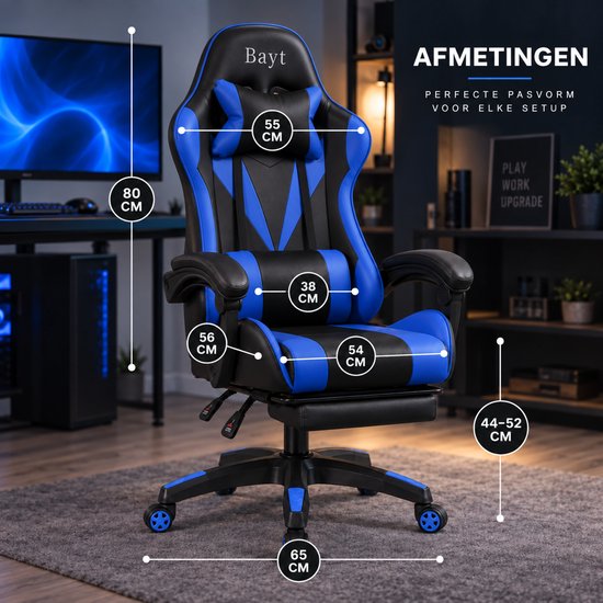 Zwart-blauwe Bayt gamingstoel met afmetingen aangegeven, inclusief nek- en lendensteun en uitschuifbaar voetensteun.
