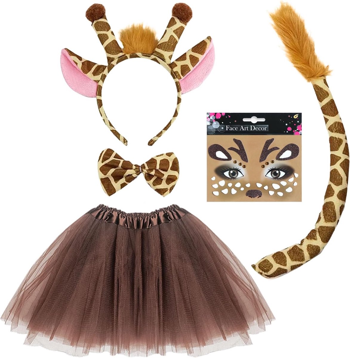 5 stuks giraffenkostuum voor kinderen, dierkostuum met giraffe oren, haarband, vlinderdas, staart, gezichtstattoo meisjes, tutu, dierenoren, hoofdband, Halloween, carnaval, feest