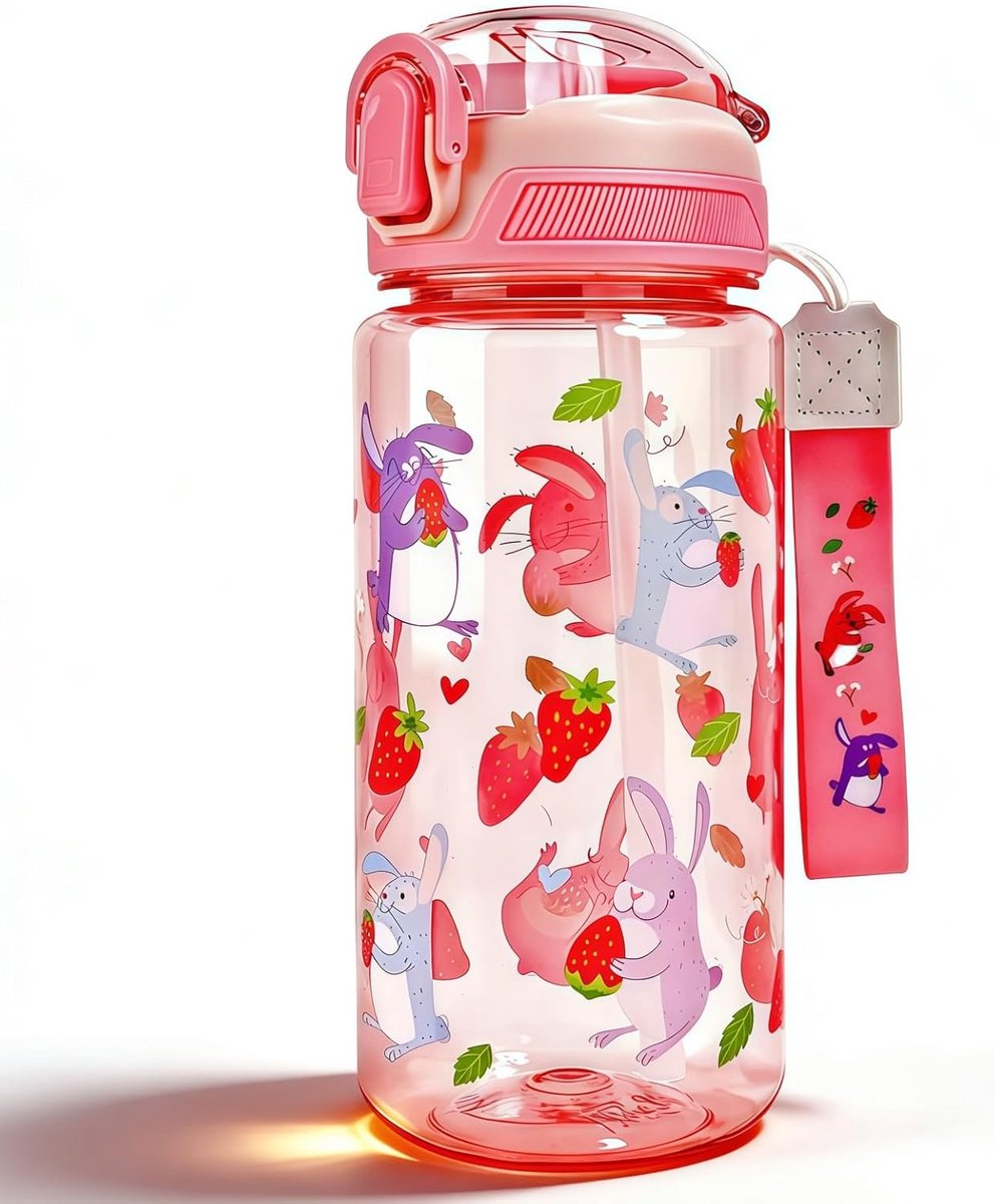 Waterfles, 600 ml, stevig, onbreekbaar, lekvrij, BPA-vrij, opening met één druk op de knop, gemakkelijk schoon te maken, met rietje