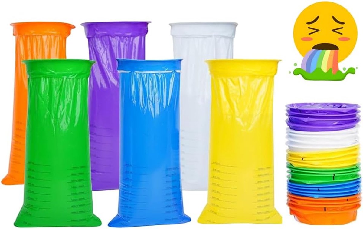 Spuugzakken met ring, 30 stuks, spuugzakken, poepzakjes, spuugzakken, 1000 ml, wegwerpzakjes, breekzak met ring, veilige poepzak, zeer dicht met mondstuk, voor reizen, auto's (6 kleuren)