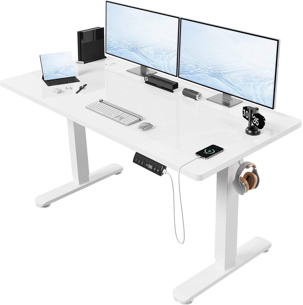 Devoko Elektrisch Verstelbaar Zit-Sta Bureau 140 × 70 cm – 18 mm Dik Tafelblad – Hoogte 72–118 cm – 3 Geheugenstanden en LED-Display – 4000 TPM Stille Motor – Draagvermogen 80 kg – Wit