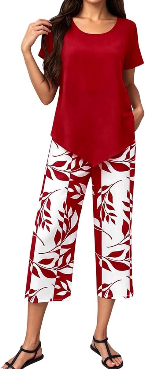 Set van broek en top voor dames, katoen, 2-delig, korte mouwen, elastische taille, casual, zomer, licht, rekbaar, effen, vrije tijd, vakantie, modieus, zacht, A61