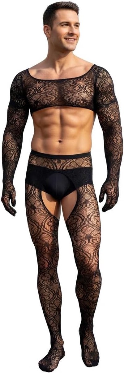 Sexy lingerieset voor heren, brutale outfits, doorzichtig kant, top met lange mouwen en handschoenen + netpanty, schattige nachtkleding