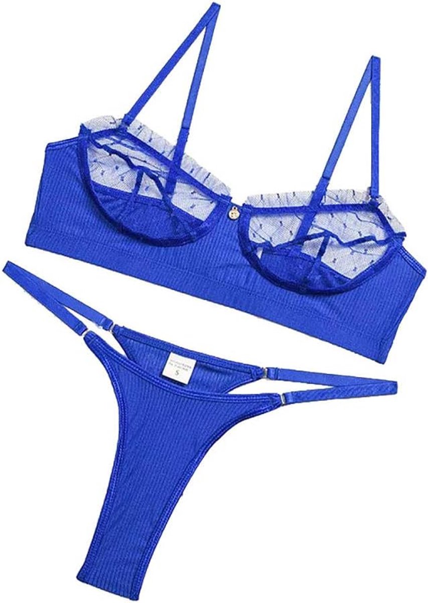 Lingerie Dameslingerie Dames kanten transparante lingerie G-string set-blue_L