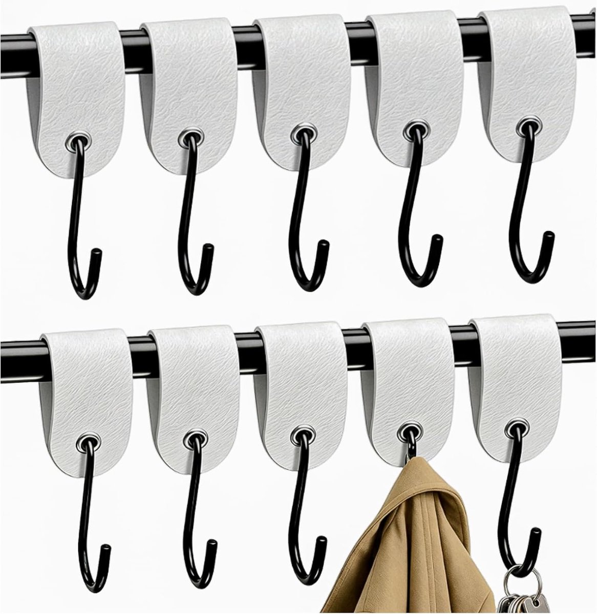 10 S-Haken RVS met Witte Kunstlederen Lussen