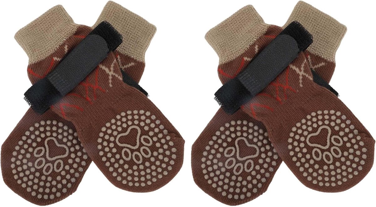 4 stuks antislip hondensokken met verstelbare plakbanden, hondensokken voor honden, pootbescherming voor parketvloeren, M, bruin