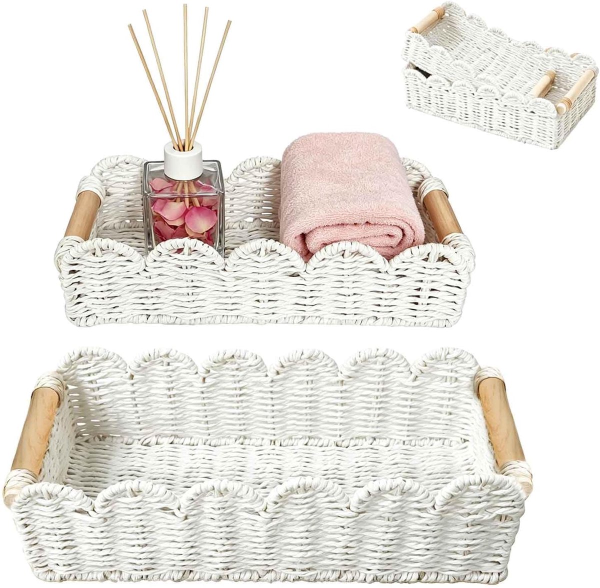 Manden, 2 stuks, gevlochten opbergmand met houten handgrepen, opbergmand, badkamer, plankmanden, voor woonkamer, keuken en kantoor, wit