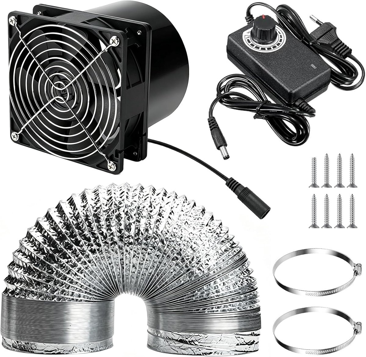 Ventilator, DC 12 V, buisventilator, diameter 100 mm, afvoerventilator, 3D-printerbehuizing, ventilator, rookextractiekit, 6000 omw/min, axiale ventilator met 2 m kanaalslang, AC-regelaar