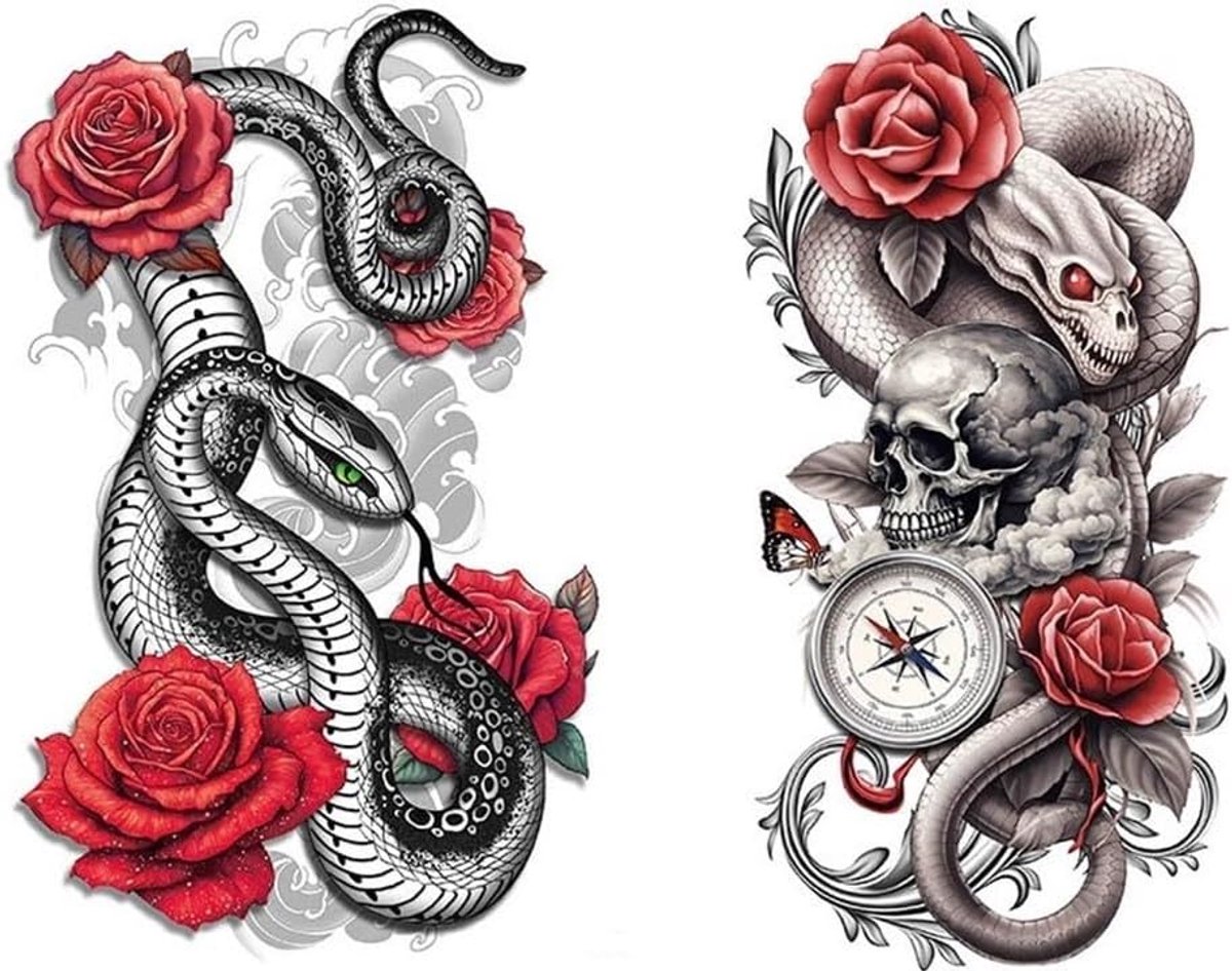 Tijdelijke slang tattoo slang met rozen tattoo doodskop tattoo arm tattoo T122 123