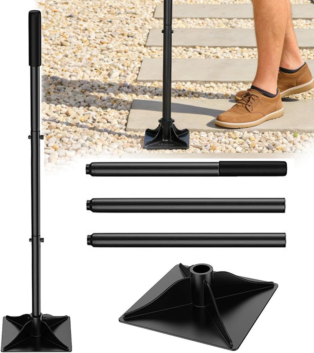 Tamper van robuust staal, 200 mm x 200 mm, handvat 1220 mm, afneembaar met 3 secties voor nivellering, vloermontage, straatreparatie