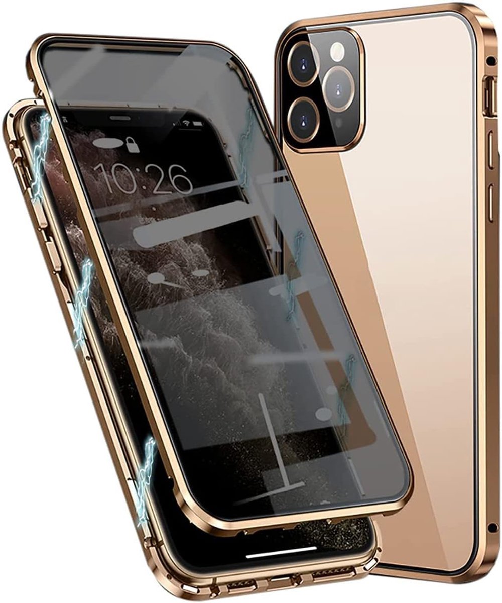 Screen Protector Compatible with iPhone 14 Pro Max Case, Magnetic Adsorption Metal Frame Cover,Anti Spy Tempered Glass Film, 360 Degrees with Camera Lens Protector Cover,Gold
