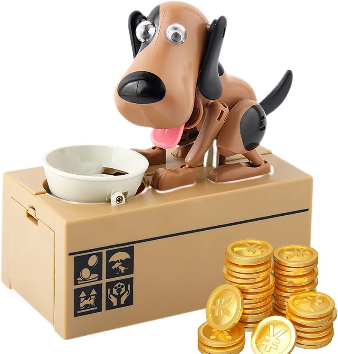 Hond spaarpot, hongerige spaarpot kinderen spaarpot hond eet geld, schattige honden steelt munten zoals magische munt, knabbert spaarpot, voor kinderen, bruin