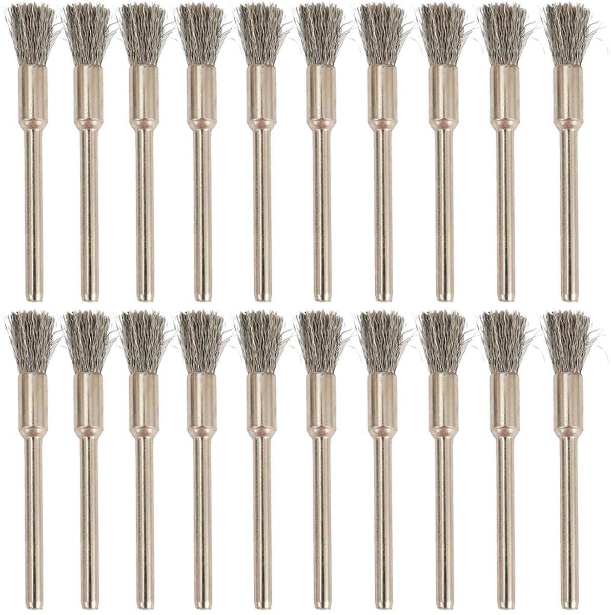 20 stuks roestvrijstalen reinigingsborstelpen, 1/8 inch (3 mm) x 1/5 inch (5 mm) metalen roestverwijdering, reinigen en polijsten, roterende gereedschappen