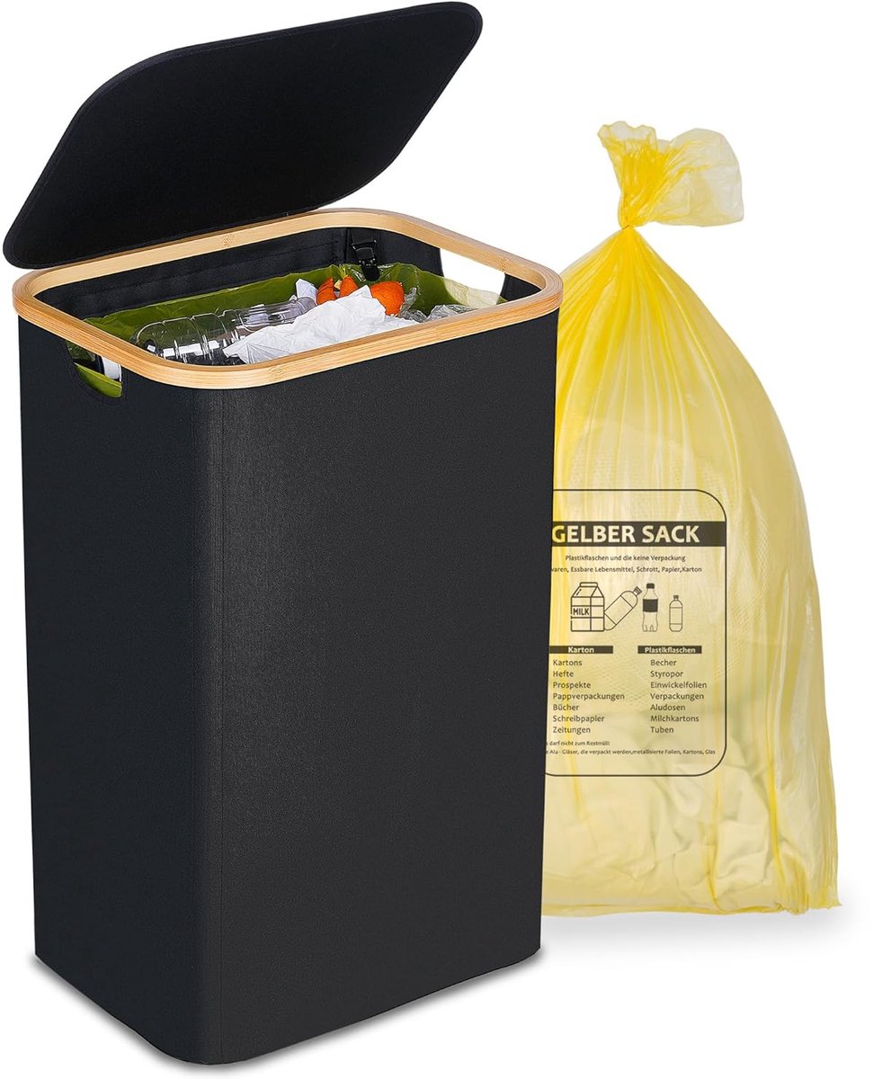 SnelShoppen - Extra grote gele vuilnisbak met transparant venster - 100L afvalcontainer voor huis, tuin, feest en meer - 44x33x70 cm - Robuuste flappe