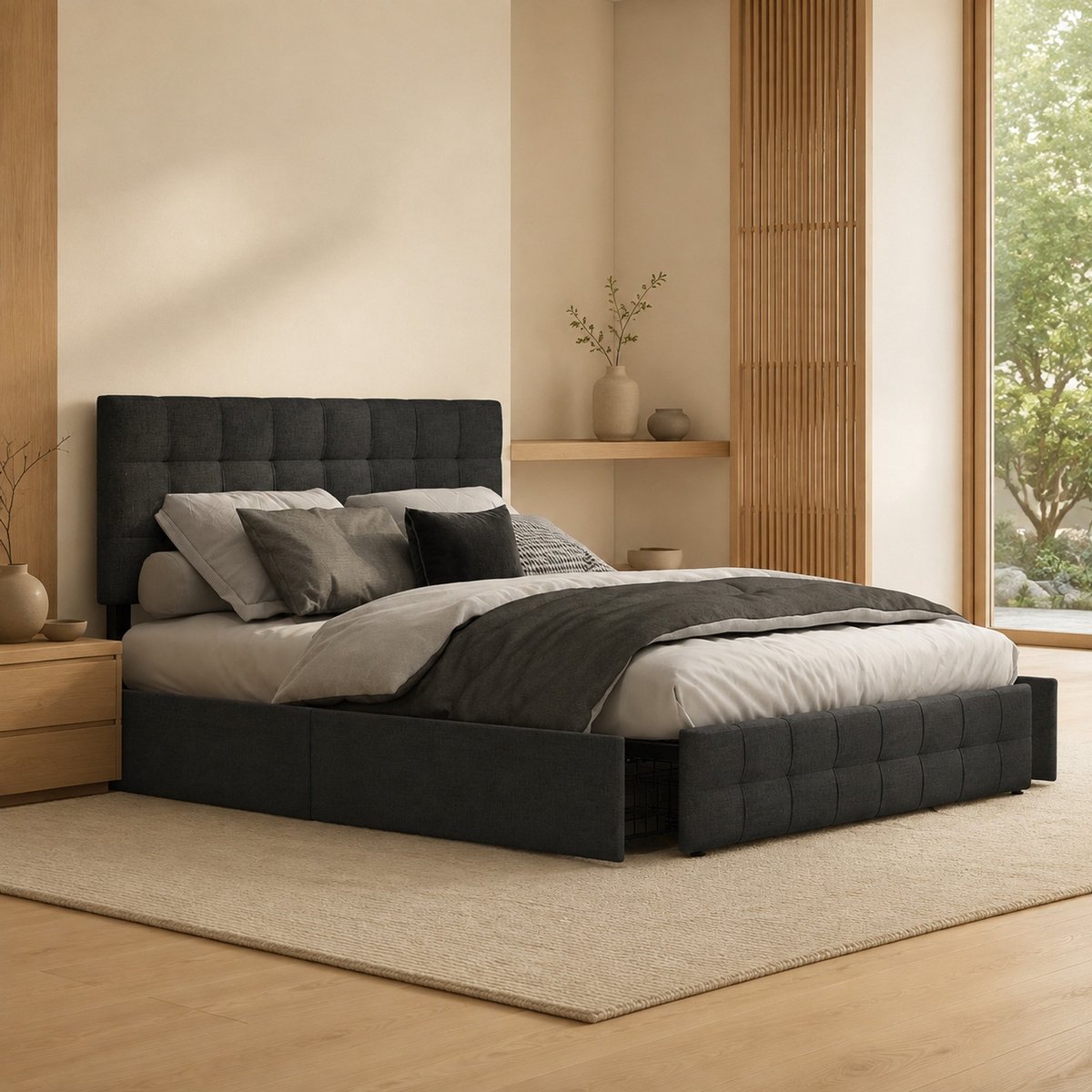 WUVRIE Gestoffeerd bed 140x200 cm met 4 lades, metalen lattenbodem en verstelbaar hoofdbord, zwart