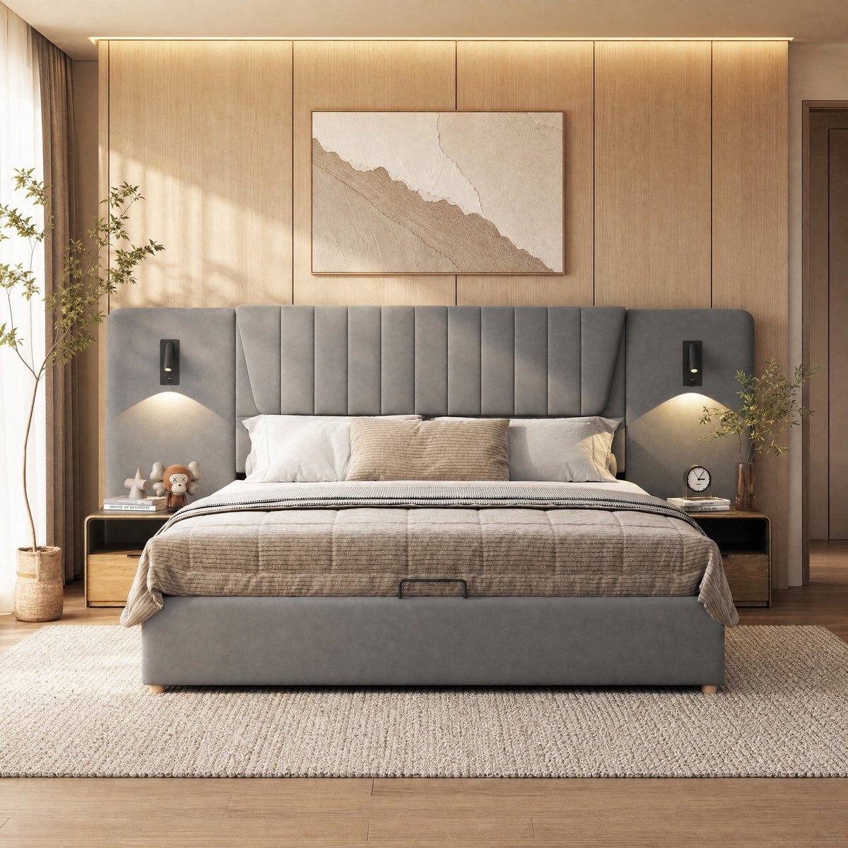 WUVRIE Gestoffeerd opbergbed 180x200 cm met USB-leeslampen, lattenbodem en hydraulische opslag, grijs