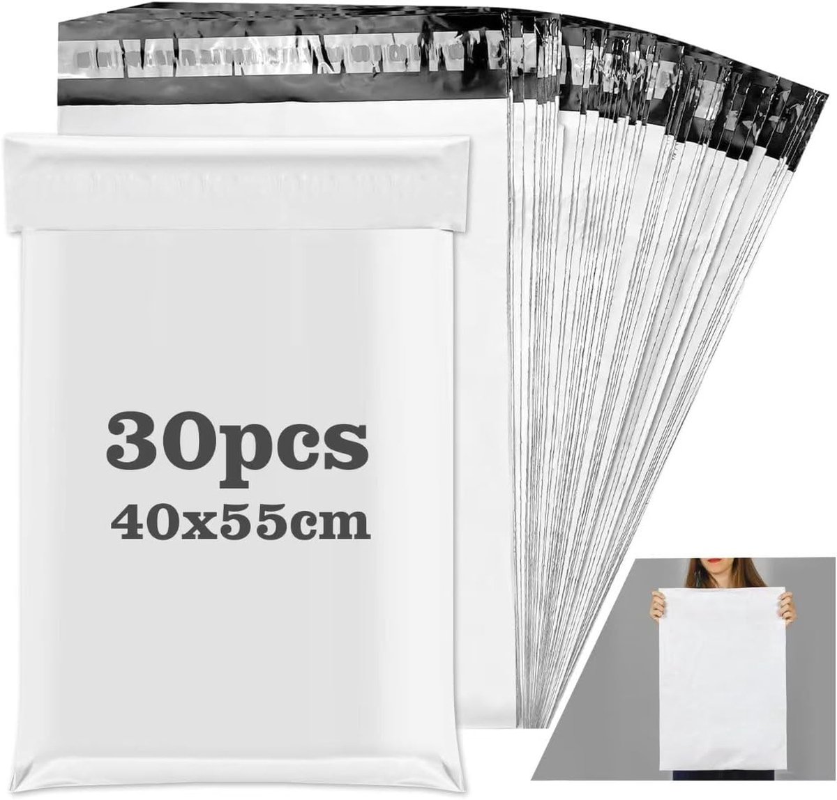 SnelShoppen - Pack van 30 Plastic Verzendzakken 40x50 cm Waterdichte Verzendtassen voor Kleding met Lijmstrip, Grijs, Opaak, Geschikt voor Productverp