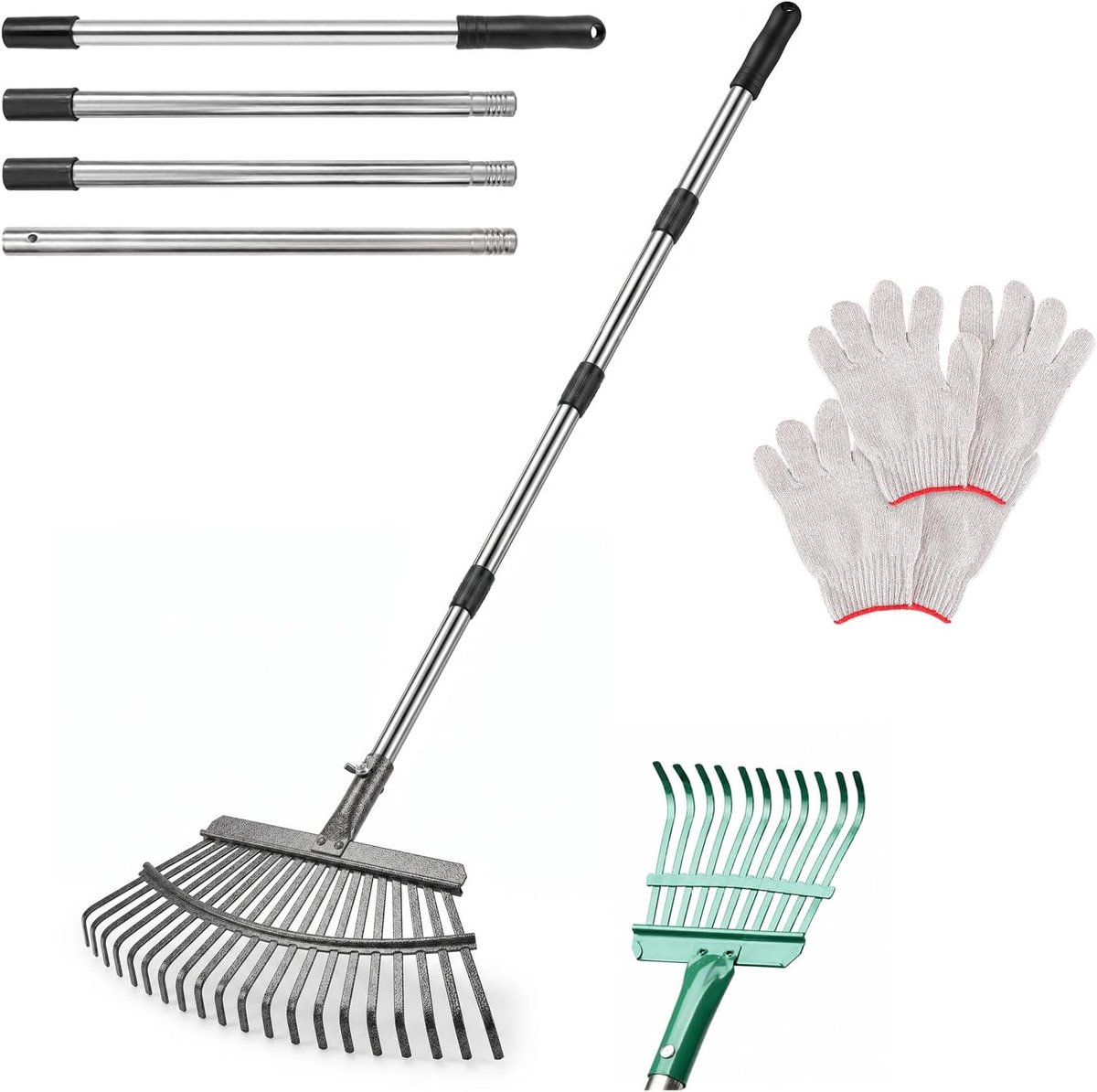 Tuinhark roestvrij staal 25+11 tanden - verstelbaar 70-185 cm - voor bladhark of tuinhark - ShopVlot